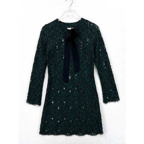SANDRO Lace Dress Womens Small Green Long Sleeve Tie Neck Mini Sheath - Picture 5 of 16